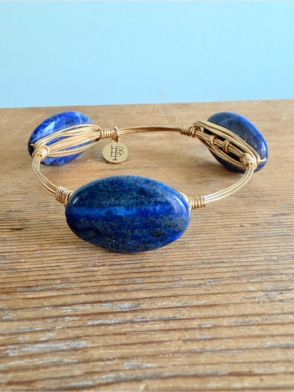 Bourbon & Boweties Gold Wire Bangle Bracelet with Blue Lapis Stones